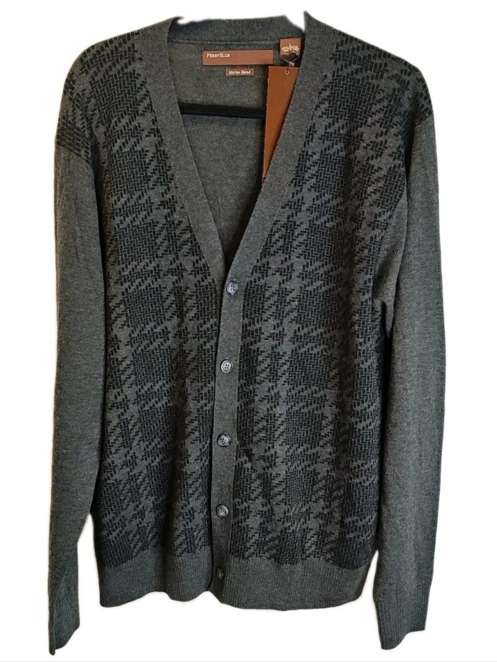 Perry Ellis Men L Merino Wool Cardigan Sweater Houndstooth Charcoal V-Neck Nwt